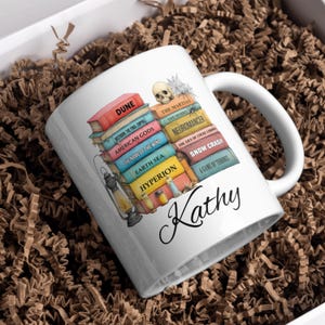 Custom Gothic Bookshelf mug, Personalized book coffee cup, Gift for Bookworm Readers, Bookish Merch for Librarian Teacher Mum Birthday Gift