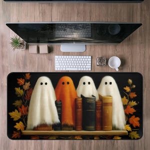 Halloween Desk Mat, Fall Bookshelf Desk Mat, Large Mouse Pad with Ghosts and Literature Design, Home Office Decor,Writer Gift,Witchy autumn