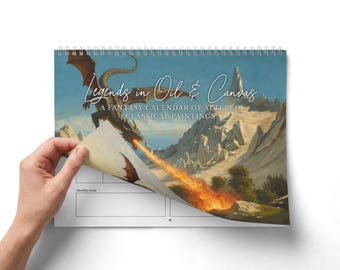 Calendario da parete fantasy 2027 / Dipinti classici rivisitati con draghi e miti / Calendario d'arte fantasy per D&D / Calendario di compleanno personalizzato