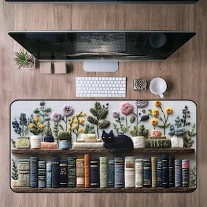 Book Desk Mat Bookish, Floral Bookshelf Desk Mat, Large Mouse Pad with Botanical and Literature Design, Home Office Decor,Writer Gift,Witchy