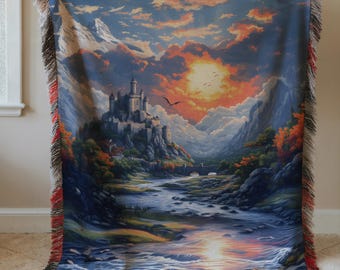 Medieval Dragon Blanket, Fantasy Dungeons and Dragon's Gift, Gothic Fairytale Inspired Decor, Dnd Woven Throw, Neverwinter, Baldur's gate