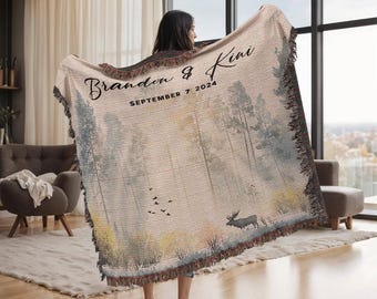 Outdoorsy Couple Blanket Nature Lovers Engagement Gift Adventure Couples Anniversary Personalized Mountain Woven Cotton Fringe Throw Blanket