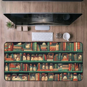 Wizard&#39;s Bookshelf Desk Mat, Vintage Fantasy Bookcase Desk Pad, Sorcerer&#39;s Library Mousepad,Witchy Potion Shop Desk Topper, Cottagecore gift