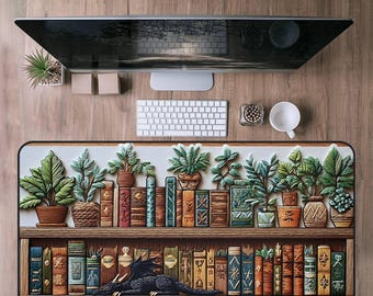 May include: A decorative desk mat featuring a bookshelf design with plants and books. The mat has a wooden frame and a white background. A black dragon rests on the bottom shelf. A computer monitor, keyboard, and other desk accessories are visible.
