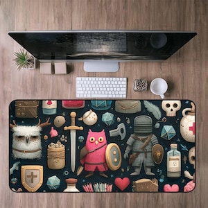 May include: A rectangular desk mat featuring a dark blue background with various fantasy-themed illustrations. The design includes an owl, a knight, a sword, and other whimsical elements. The mat is designed to protect the desk surface.
