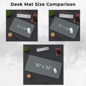May include: The image shows a comparison of desk mat sizes. Three gray desk mats are displayed with the dimensions 12" x 18", 12" x 22", and 16" x 32". Each mat has a white mouse on it. The text "Desk Mat Size Comparison" is at the top.
