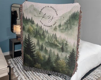 Outdoorsy Couple Blanket Nature Lovers Engagement Gift Adventure Couples Anniversary Personalized Mountain Woven Cotton Fringe Throw Blanket