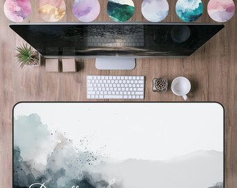 Tapis de souris personnalisé avec nom, grand tapis de bureau moderne avec nom personnalisé, clavier gaming coloré, décoration de bureau moderne, aquarelle