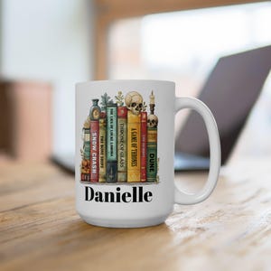 Custom Bookshelf Gothic mug, Personalized book coffee cup, Gift for Bookworm Readers, Bookish Merch for Librarian Teacher Mum Birthday Gift