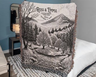Outdoorsy Couple Blanket Nature Lovers Engagement Gift Adventure Couples Anniversary Personalized Mountain Woven Cotton Fringe Throw Blanket