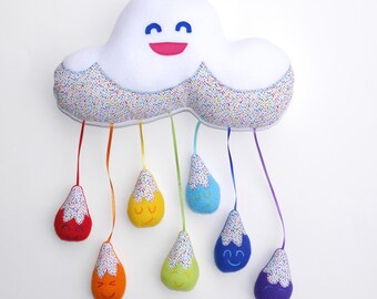 Happy Rainbow Raincloud plush Mobile, babygift, kids bedroom, gift, decor, cute, nursery, gift, rainbow, cloud