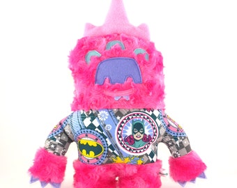 Pearl the Monster Plush, creature, stuffie, Wonder Woman, Bat Girl, Super Girl, child friendly, pink, lovie, plushie, stuffed animal