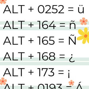 May include: A chart with a list of ALT codes and their corresponding accented characters. The chart is on a white background with light blue stripes. The chart is decorated with yellow and pink flowers.