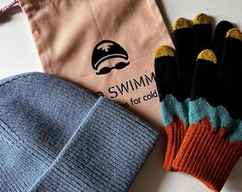 Wild Swimmer Hat and Gloves Gift Set with Handmade Bag