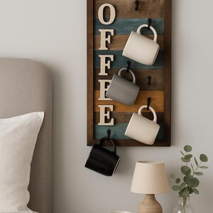 Rustic Coffee Mug Holder: Farmhouse Coffee Bar Decor, Wooden Wall Rack , Housewarming Gift image 2