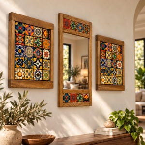 Handmade Turkish Tile Mirror Set: Rustic Wood Frame, Boho Wall Decor ,  Housewarming Gift