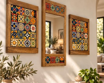 May include: A set of three wooden wall decor pieces including two rectangular panels and one central mirror, each framed in light brown wood and decorated with a grid of colourful, patterned tiles featuring floral and geometric motifs.