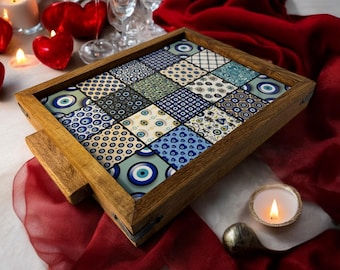 Turkish Ceramic Tile Tray: Evil Eye Wooden Serving Tray , Housewarming Gift