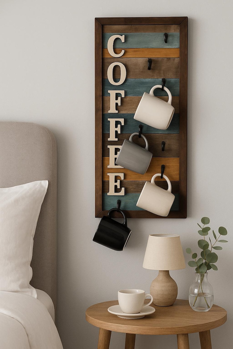 Rustic Coffee Mug Holder: Farmhouse Coffee Bar Decor, Wooden Wall Rack , Housewarming Gift image 2