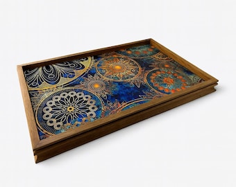 Mandala Tile Serving Tray: Boho Rustic Wood Home Decor