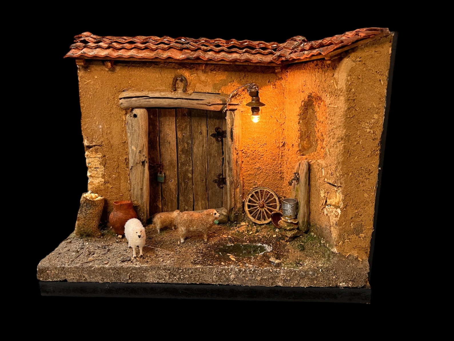Miniature Farmhouse Diorama: Rustic Wood & Clay Sheep Scene With Warm ...