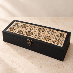 Black Wooden Tea Box with Travertine Tile Lid, Tea Bag Organizer or Keepsake Storage, Small & Large