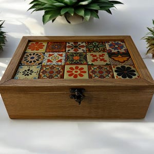 Boîte à thé et à café en bois faite main avec couvercle en céramique, organiseur de rangement, cadeau d'anniversaire, cadeau pour femme, cadeau de pendaison de crémaillère