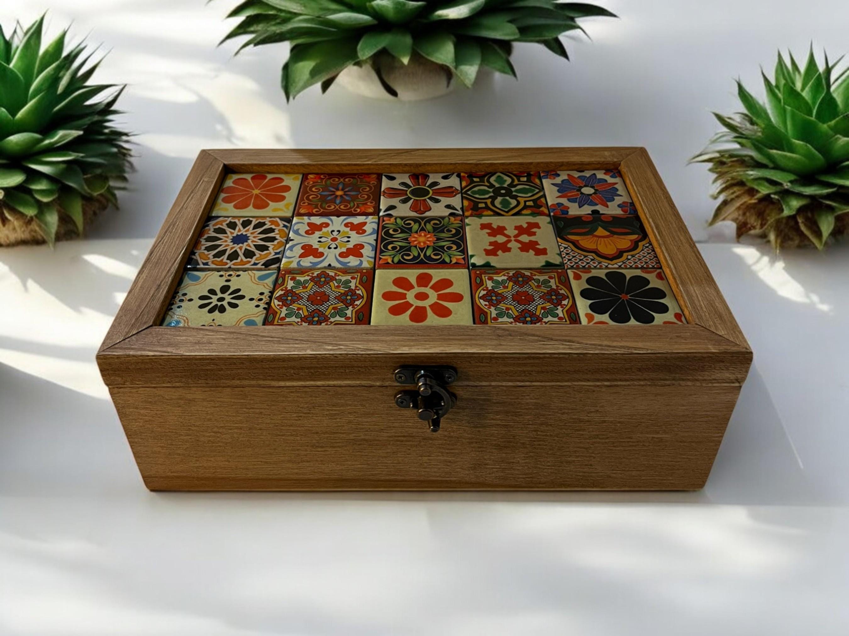 Handmade Wooden Tea and Coffee Box with Turkish Tile Ceramic Lid,Storage Organizer, Birthday Gift, Women's Gift, Housewarming Gift