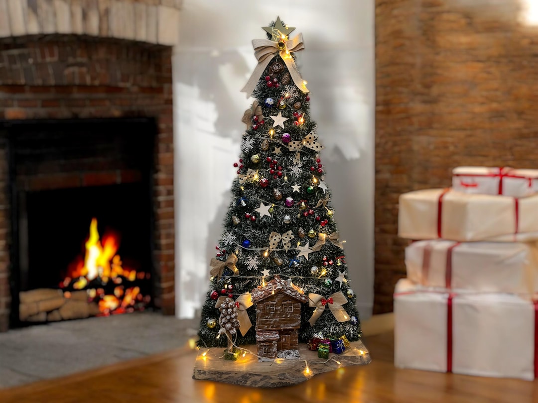 Handmade Rustic Christmas Tree With Lights: Wooden House & Pine Cones ...