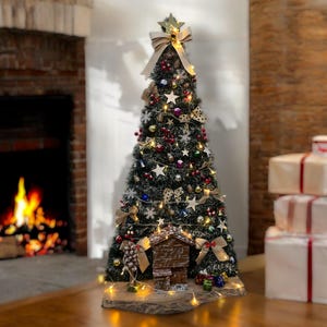 Handmade Rustic Christmas Tree with Lights: Wooden House & Pine Cones
