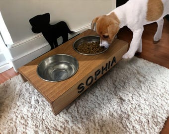 Personalized Elevated Dog Bowl Stand: Modern Wooden Feeding Station