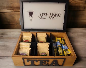 Handcrafted Wooden Tea Box Organizer: Rustic Kitchen Decor, Tea Storage