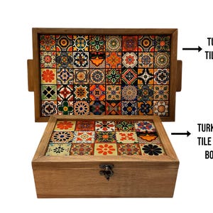 May include: A wooden tray and box with a colorful tile design. The tray is labeled "Turkish Tile Tray" and the box is labeled "Turkish Tile Tea Box".
