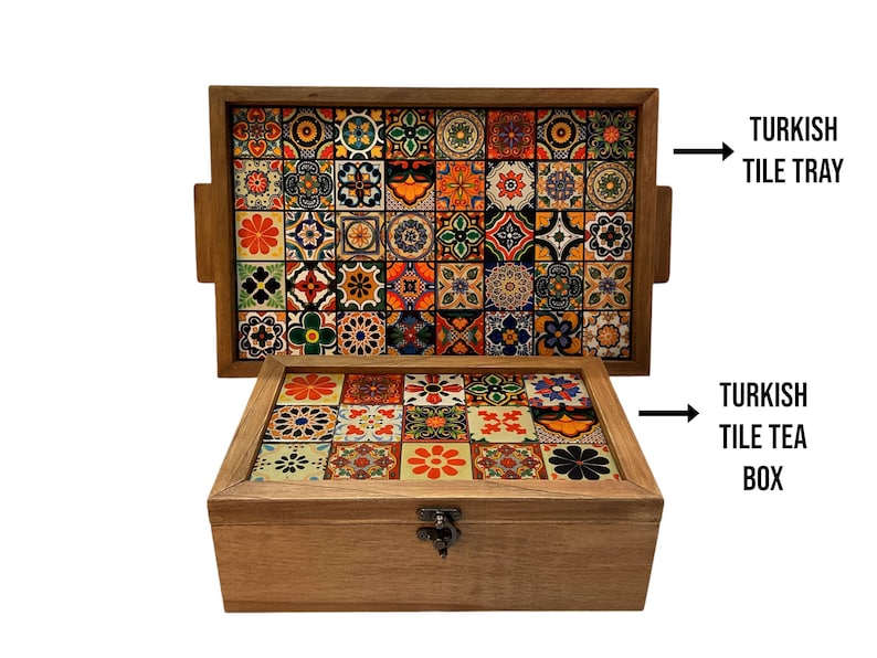 May include: A wooden tray and box with a colorful tile design. The tray is labeled "Turkish Tile Tray" and the box is labeled "Turkish Tile Tea Box".
