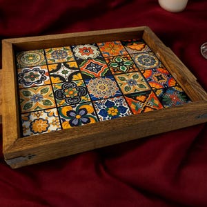 Wooden Tray with Turkish Ceramic Tiles–Colorful Ottoman Serving Tray for Coffee, Tea, or Home Decor-Housewarming gift-Birthday Gift