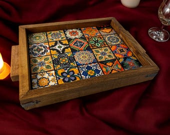 Turkish Ceramic Tile Wooden Tray: Ottoman Coffee Tea Serving Tray , Housewarming Gift