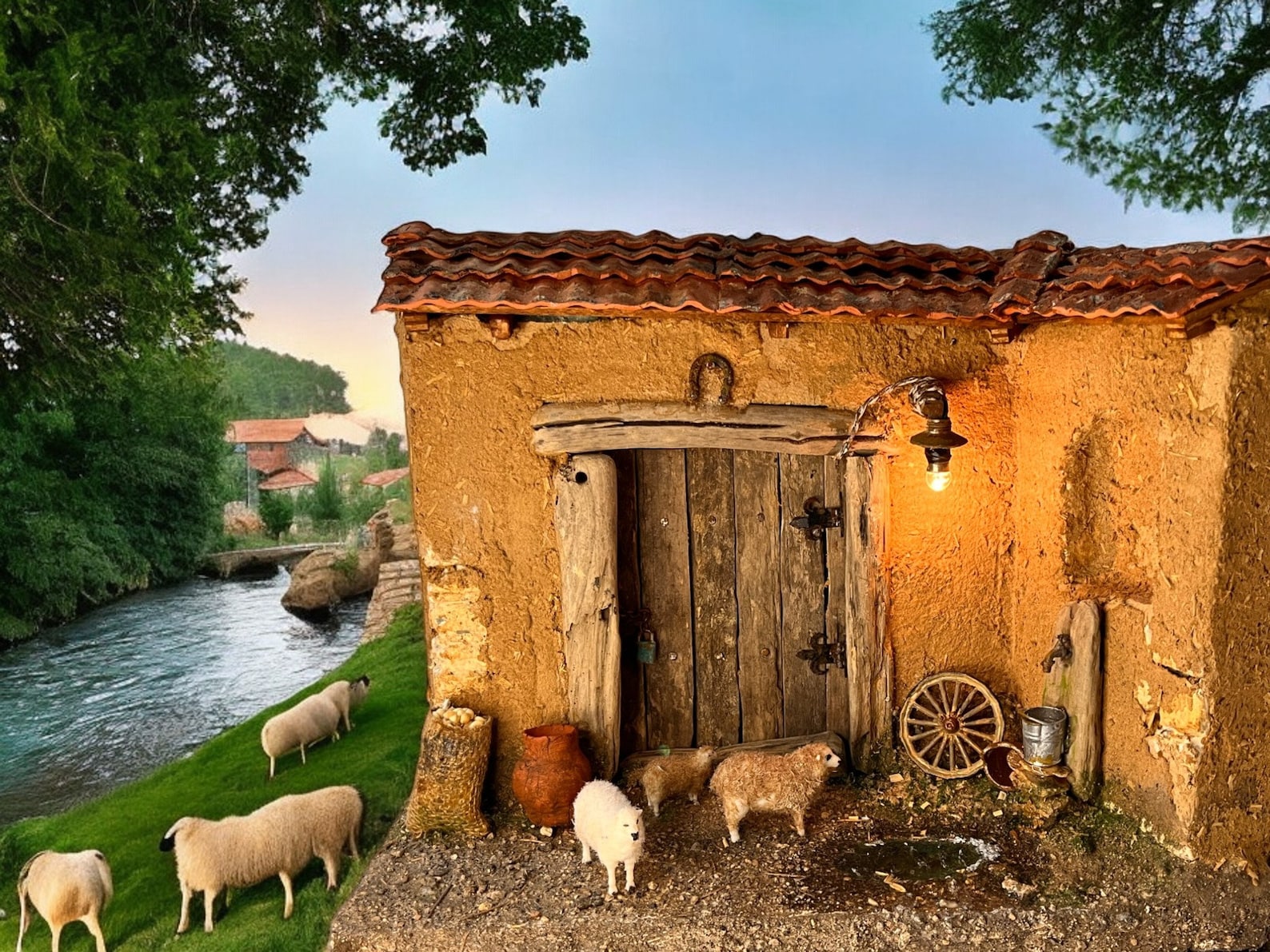 Miniature Farmhouse Diorama: Rustic Wood & Clay Sheep Scene With Warm ...