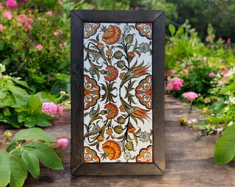 Turkish Tile Wall Art: Rustic Ceramic Panel in Antique Wood Frame
