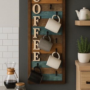 Rustic Coffee Mug Holder: Farmhouse Coffee Bar Decor, Wooden Wall Rack , Housewarming Gift image 3