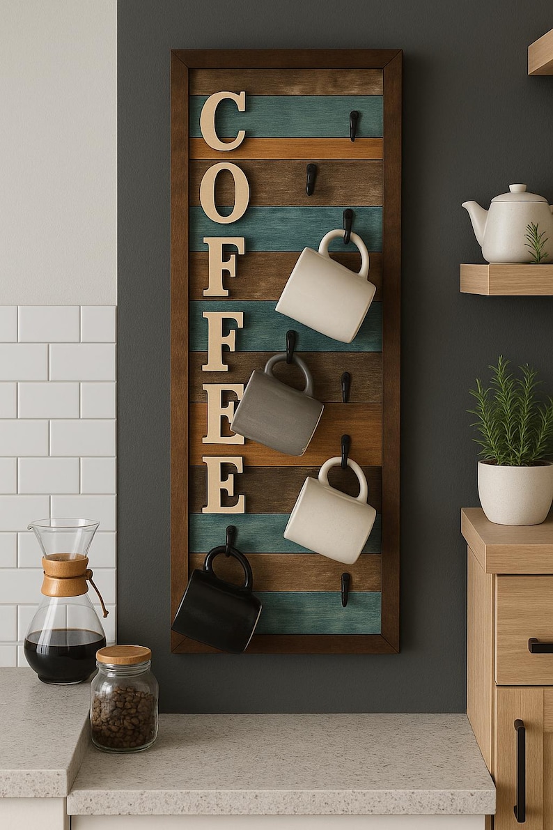 Rustic Coffee Mug Holder: Farmhouse Coffee Bar Decor, Wooden Wall Rack , Housewarming Gift image 3