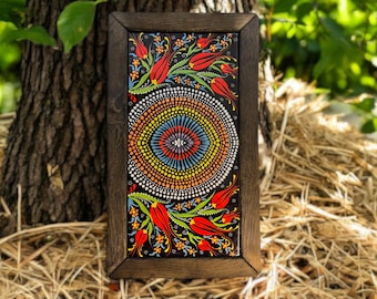 Turkish Tile Wall Art: Rustic Ceramic Panel in Antique Wood Frame
