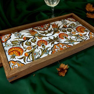 Handcrafted Ottoman Style Wooden Tray with Turkish Ceramic Tiles