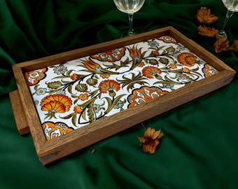 Handcrafted Ottoman Style Wooden Tray with Turkish Ceramic Tiles ,  Housewarming Gift