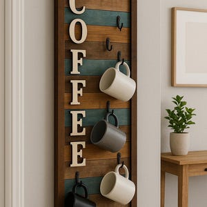 Rustic Coffee Mug Holder – 10x24” Wooden Wall Rack with Hooks – Coffee Bar Decor – Farmhouse Kitchen Cup Organizer - Housewarming gift