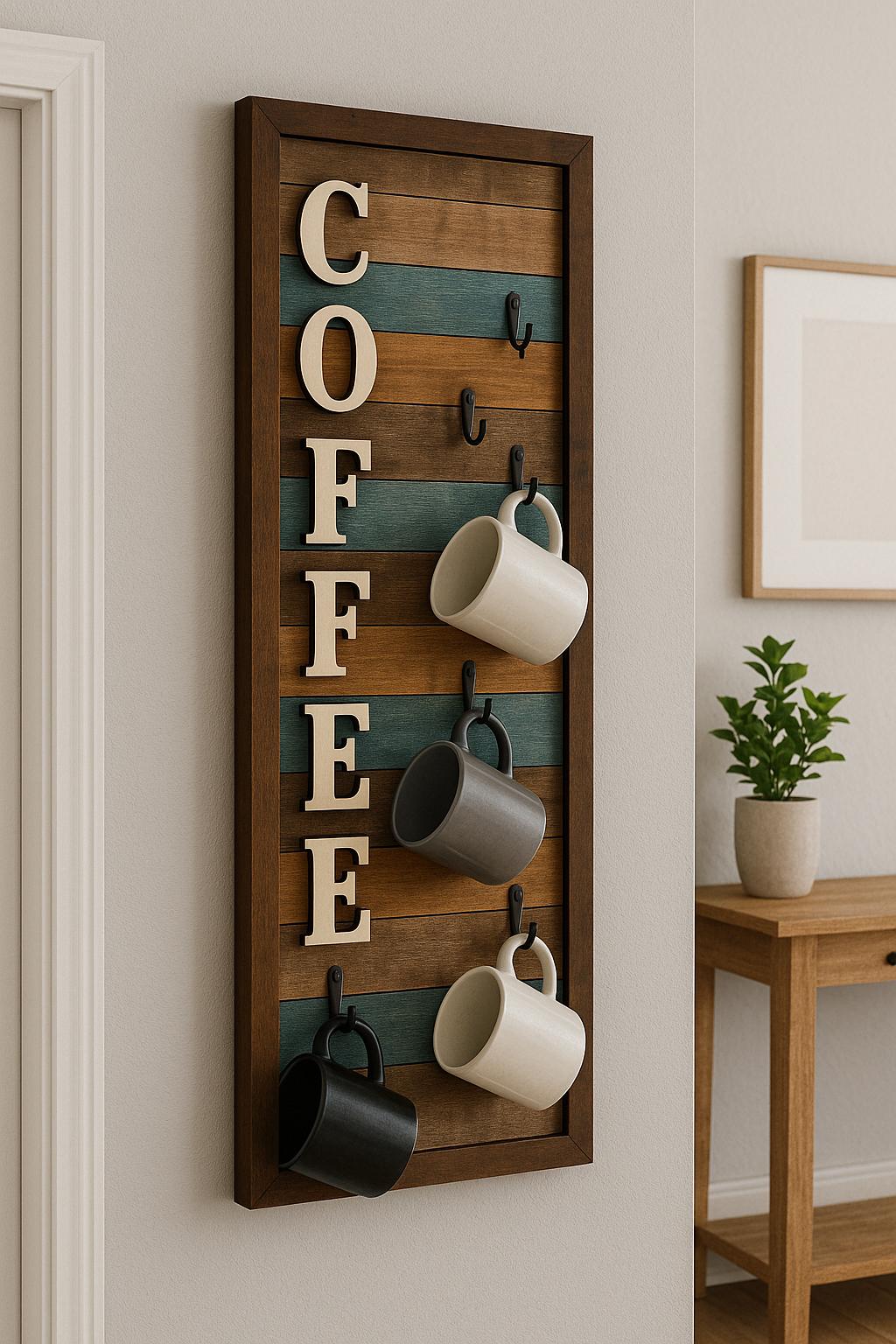 Rustic Coffee Mug Holder: Farmhouse Coffee Bar Decor, Wooden Wall Rack ...