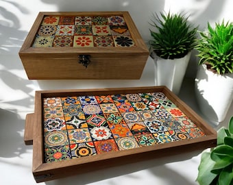 Turkish Tile Wooden Tray and Tea Box Set-Handcrafted Ceramic Design-Decorative Serving Set -Unique Gift Idea,Birthday Gift,Housewarming Gift