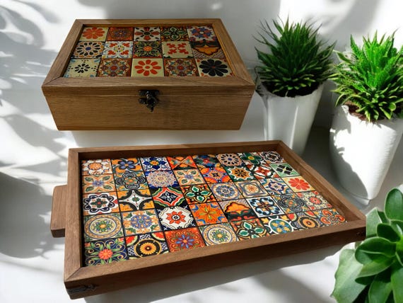 Turkish Tile Tray and Tea Box Set: Handcrafted Ceramic Design, Housewarming Gift