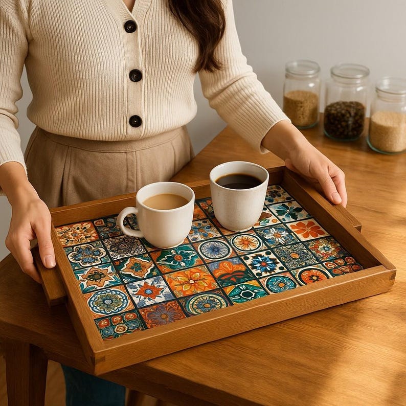 Decorative tray with metal corner accents