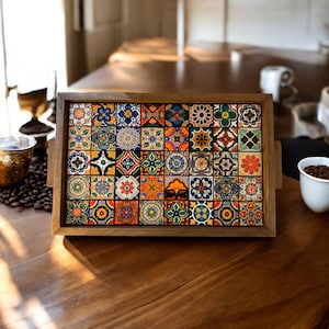 Handmade wooden serving tray with Turkish ceramic tile