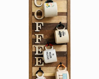 Rustic Coffee Mug Holder: Farmhouse Coffee Bar Decor, Wooden Wall Rack ,  Housewarming Gift